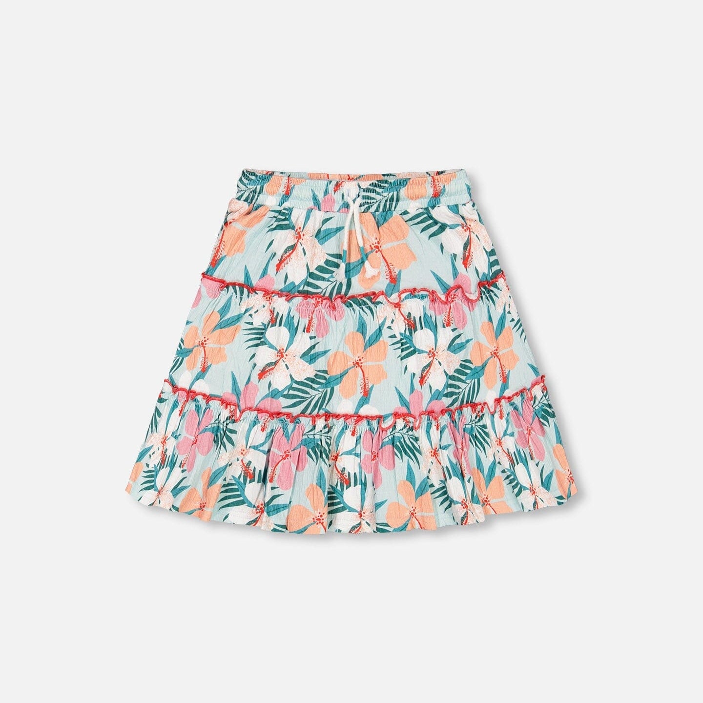 Long Crinkle Peasant Skirt Blue Printed Beach Hibiscus - F30J80_084