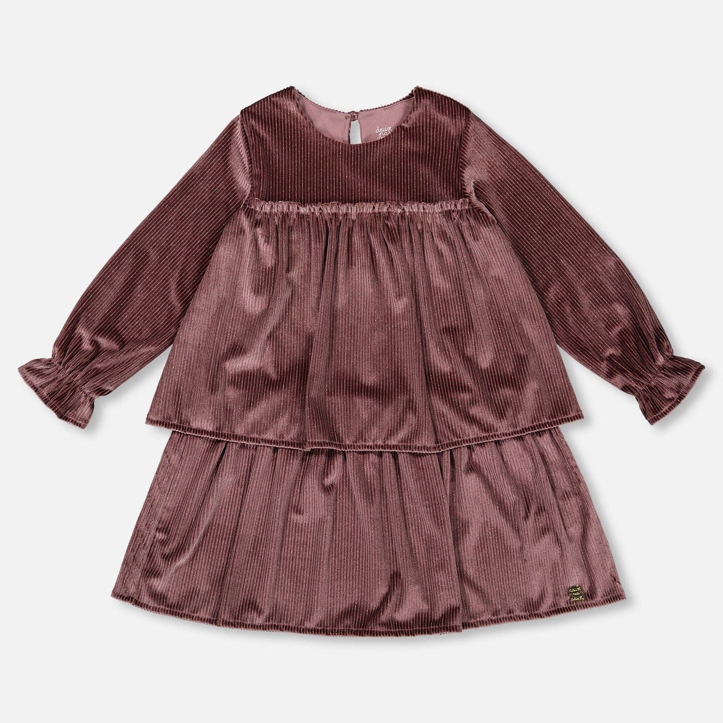 Long Sleeve Metallic Dress With Frills Burgundy - G20O94_550