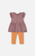 Printed Organic Cotton Dress And Solid Leggings Set Orange And Purple - G30B12_069