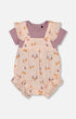 Printed Muslin Shortall And Organic Cotton Onesie Set Peach With Pears - G30B14_070