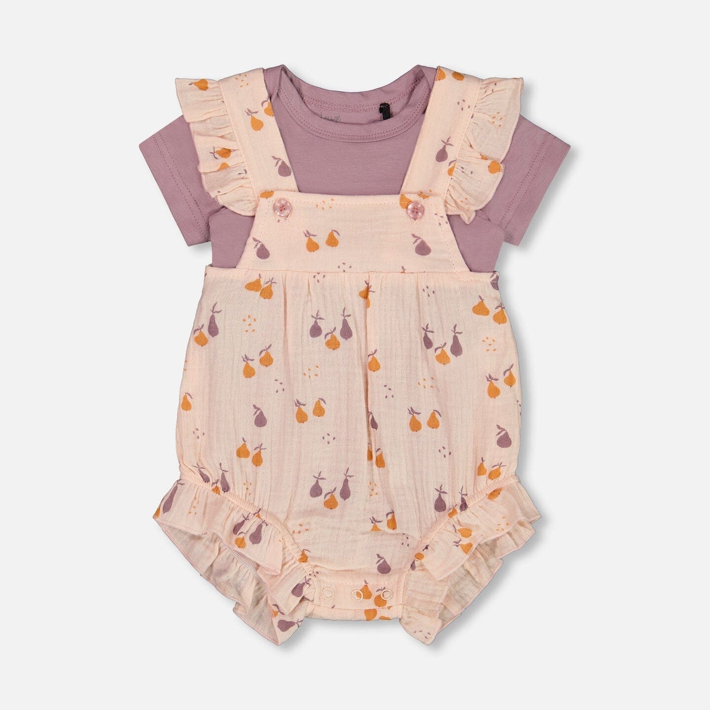 Printed Muslin Shortall And Organic Cotton Onesie Set Peach With Pears - G30B14_070