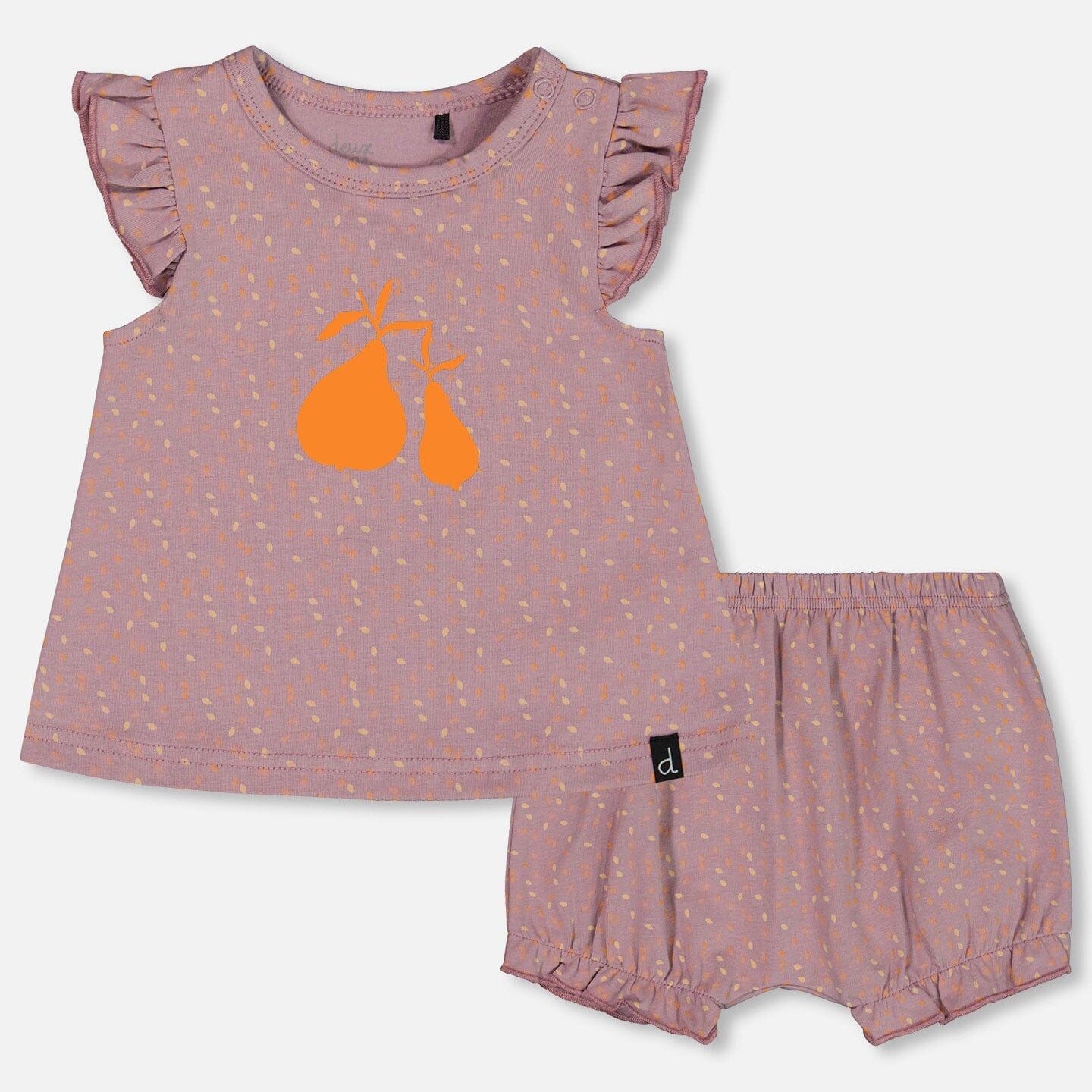 Printed Organic Cotton Top And Bloomer Set Purple With Pear Seeds
