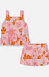 Printed Tank Top And Short Muslin Set With Frills Pink And Coral Flowers - G30E10_080