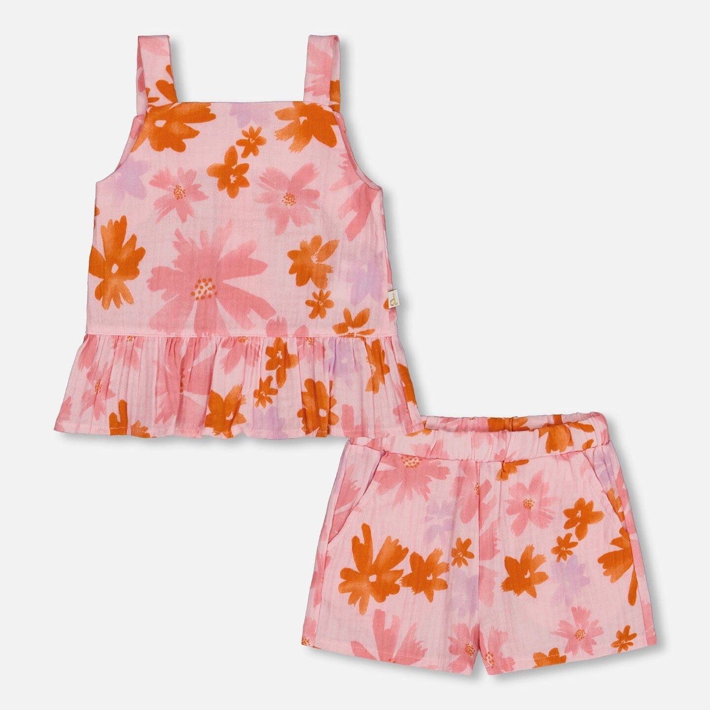 Printed Tank Top And Short Muslin Set With Frills Pink And Coral Flowers - G30E10_080