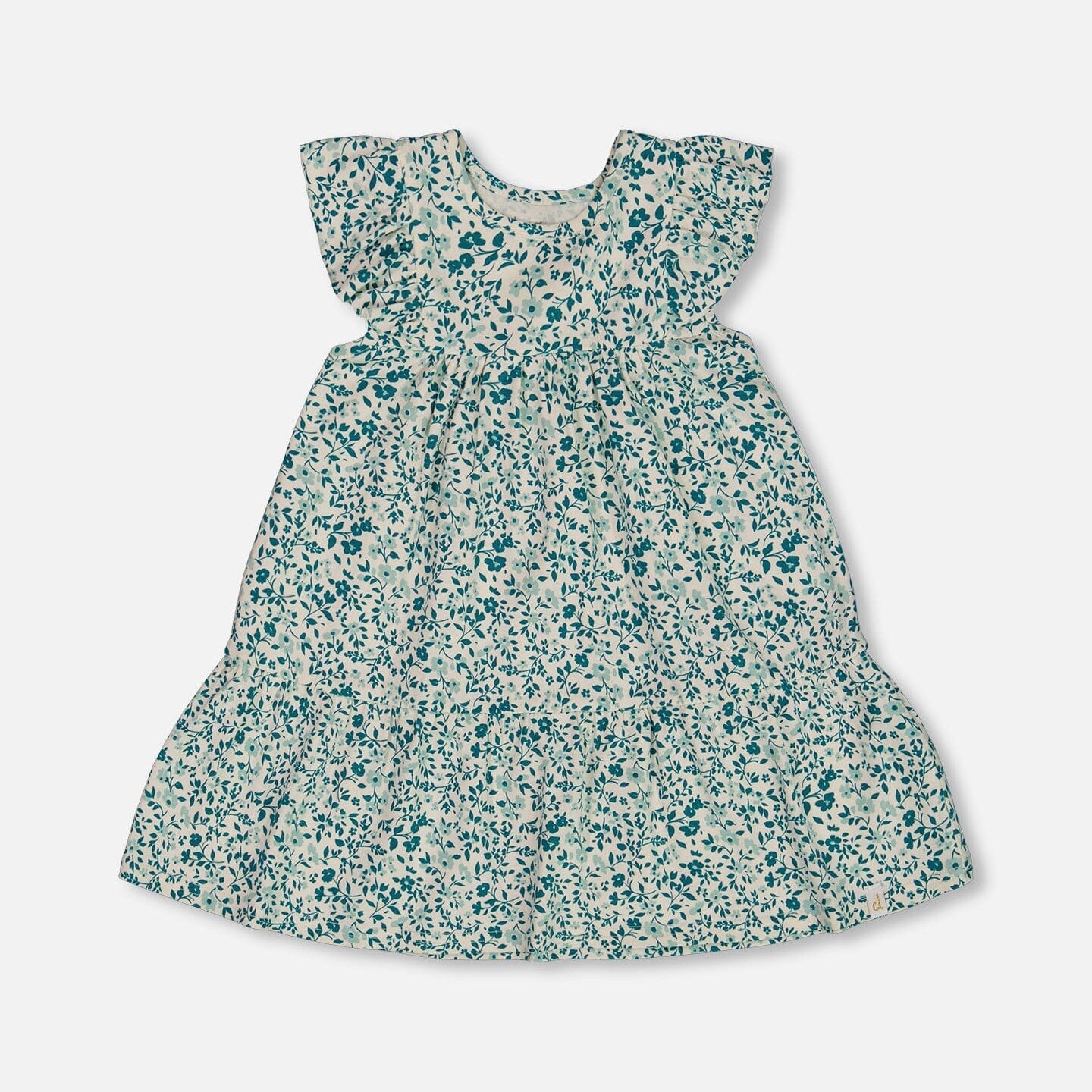 Printed Organic Cotton Dress Small Turquoise Flowers - G30F86_095