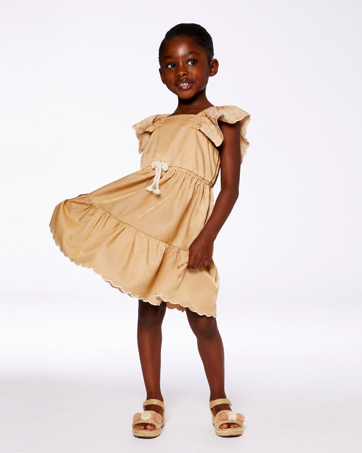 Chambray Dress With Embroidery Golden Beige