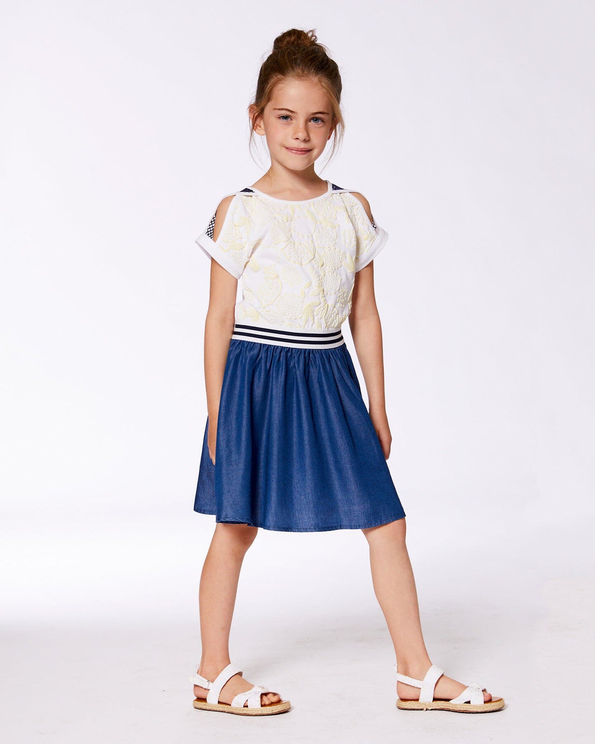 Bi-Material Organic Cotton And Chambray Dress White And Navy