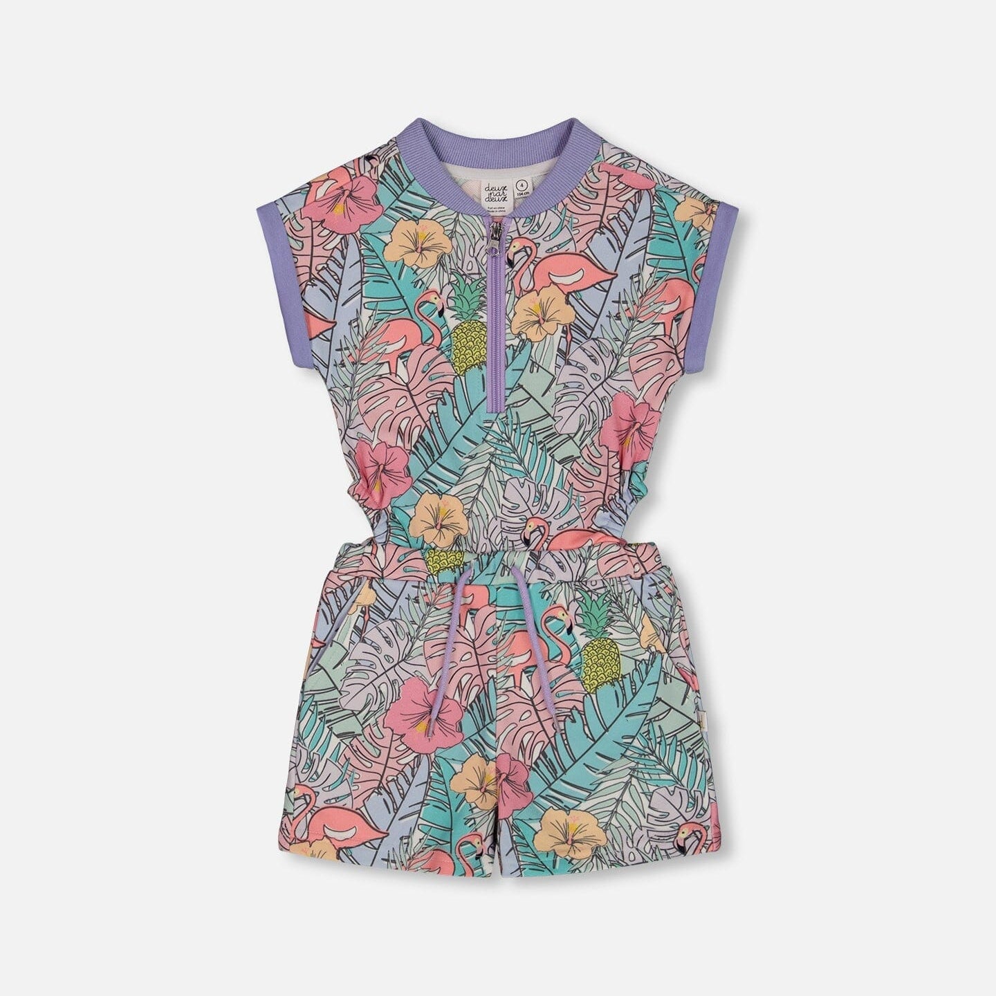 Printed French Terry Romper Lilac Tropical And Pink Flamingos - G30H40_060