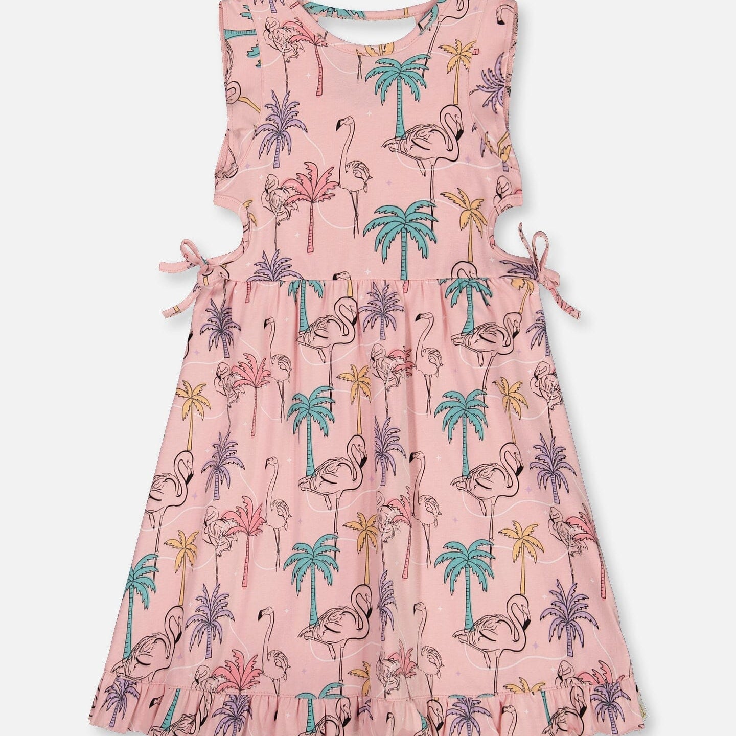 Printed Organic Cotton Dress With Cut Outs Palm Trees, Pink Flamingo, And Turquoise - G30H86_039