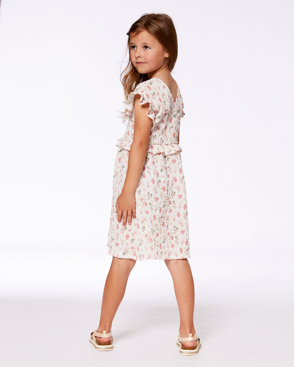Printed Seersucker Dress With Frill Pink Flowers On Cream Background