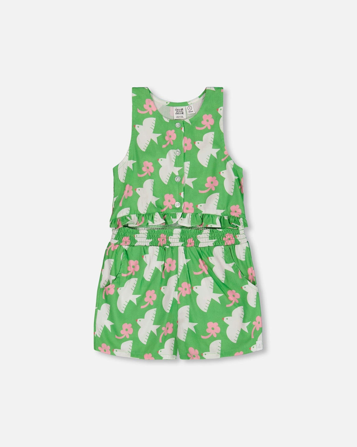 Printed Romper With Frills Green With White And Pink Bird - G30J40_091