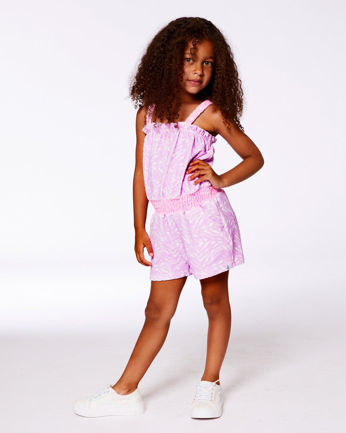 Printed Terry Cloth Romper Vibrant Pink And White