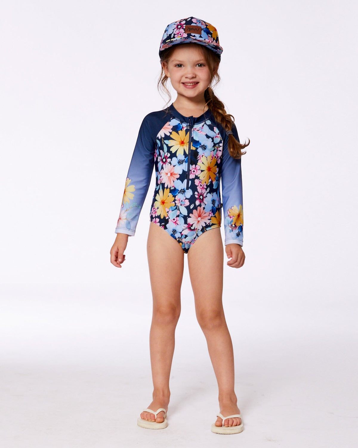 Printed Long Sleeve Rashguard Navy And Yellow And Pink Flowers