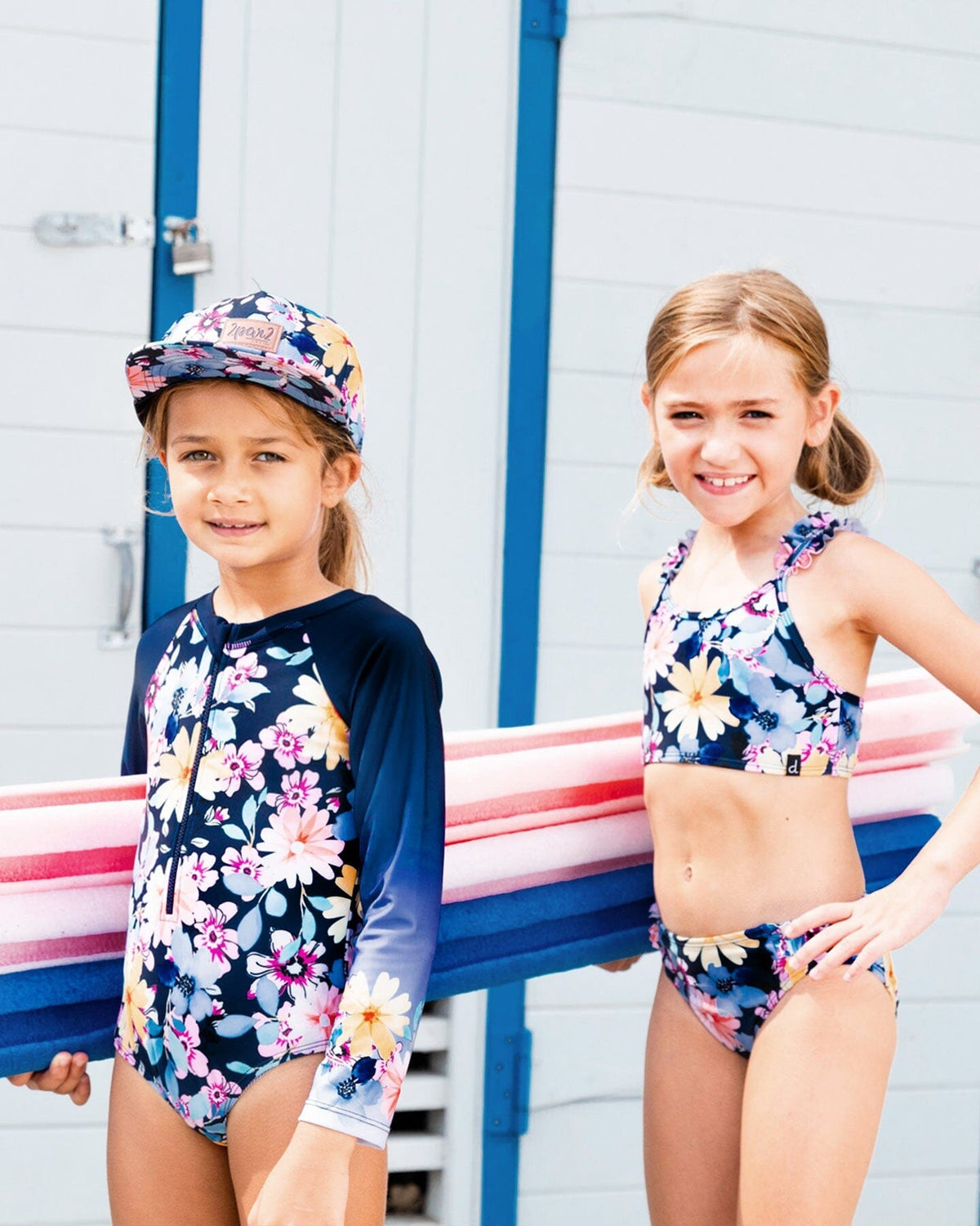 Printed Long Sleeve Rashguard Navy And Yellow And Pink Flowers