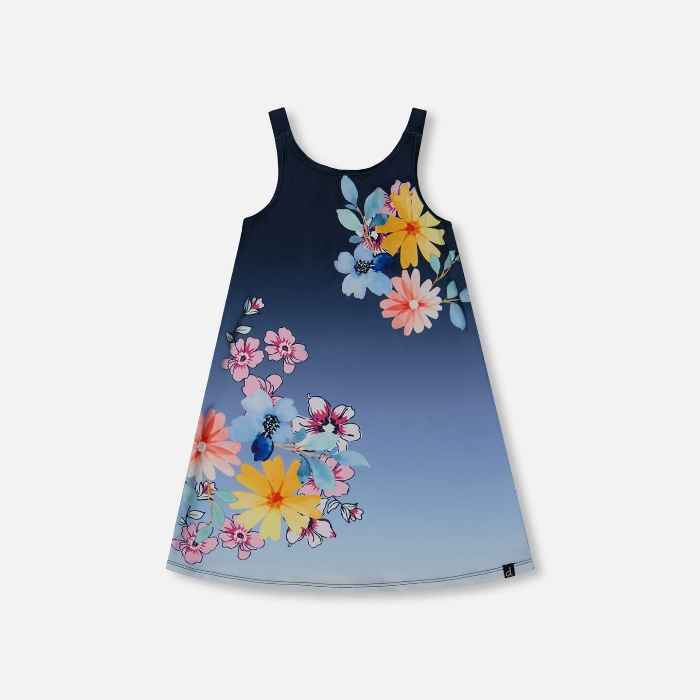 Printed Beach Dress Yellow, Pink Flowers On Navy Blue Background - G30NG29_484