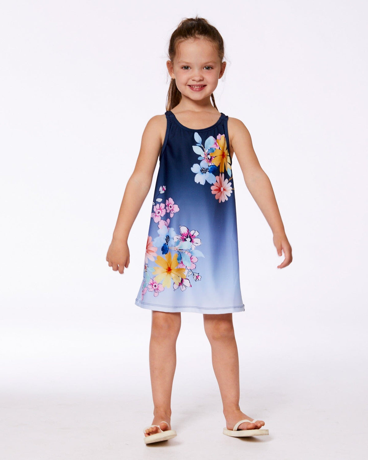 Printed Beach Dress Yellow, Pink Flowers On Navy Blue Background