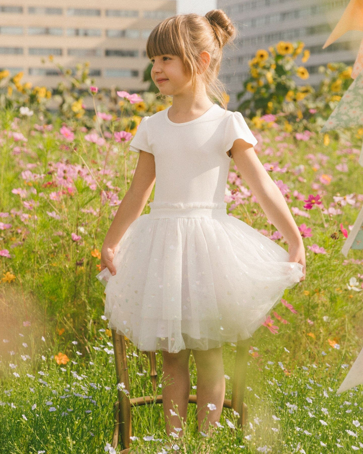 Bi-Material Dress With Glitter Hearts Skirt Snow White