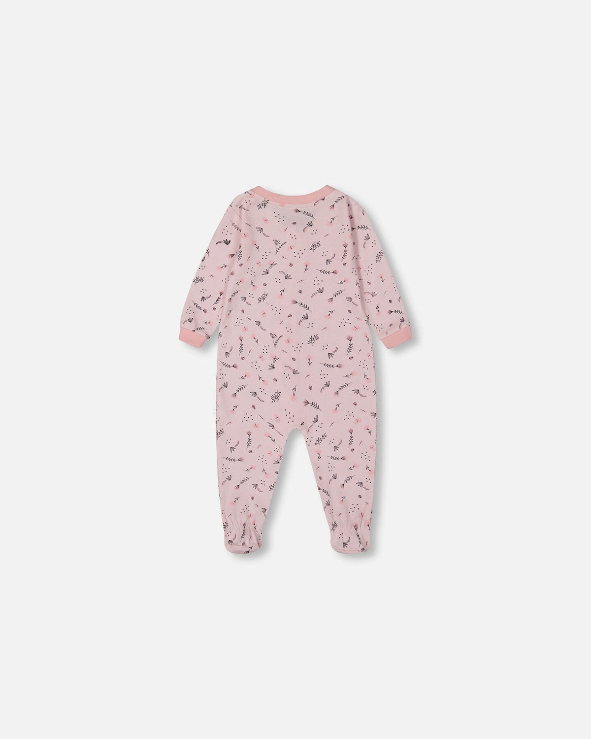 Printed Organic Cotton One-Piece Pajama Small Pink Flowers On Pale Pink Background