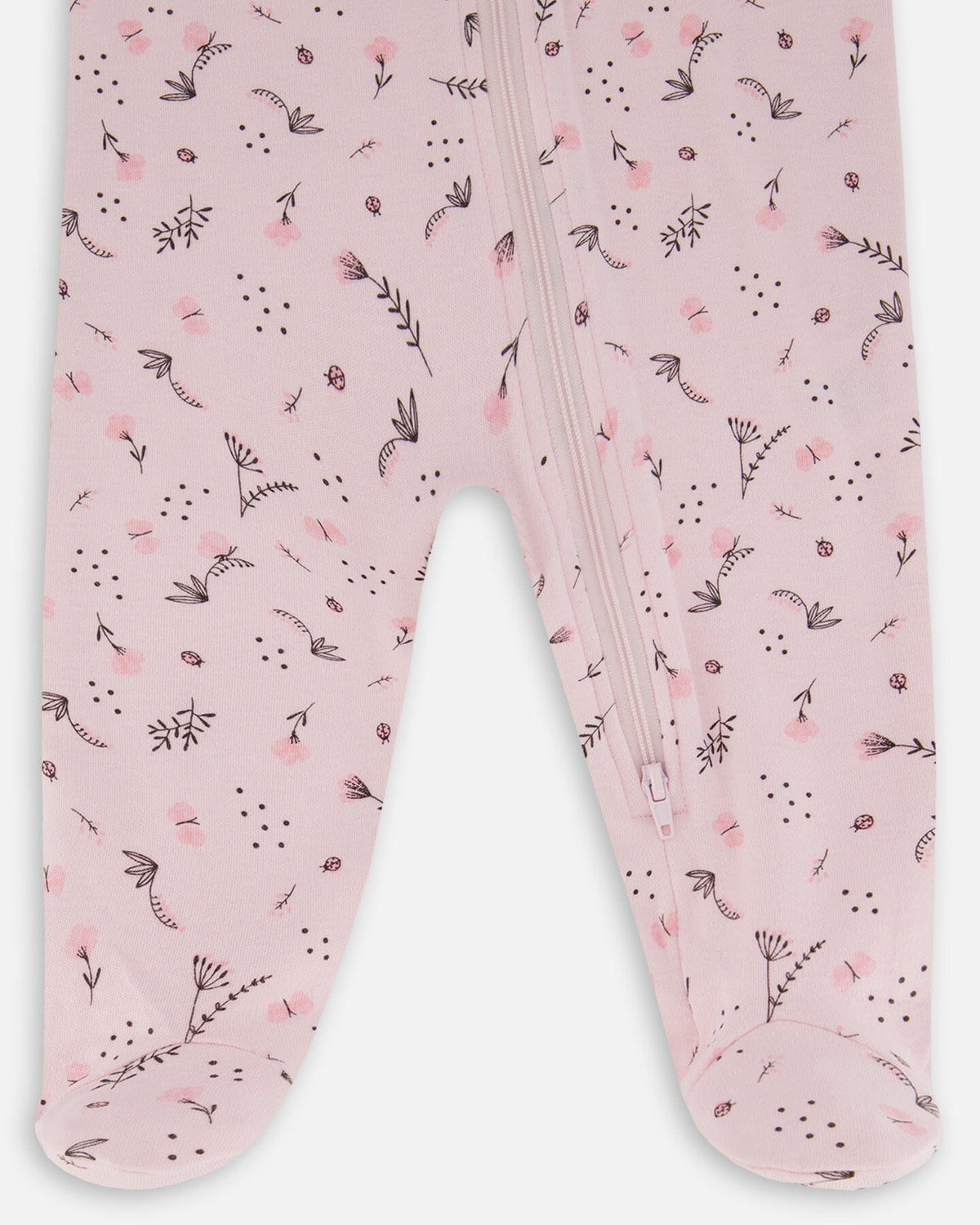 Printed Organic Cotton One-Piece Pajama Small Pink Flowers On Pale Pink Background