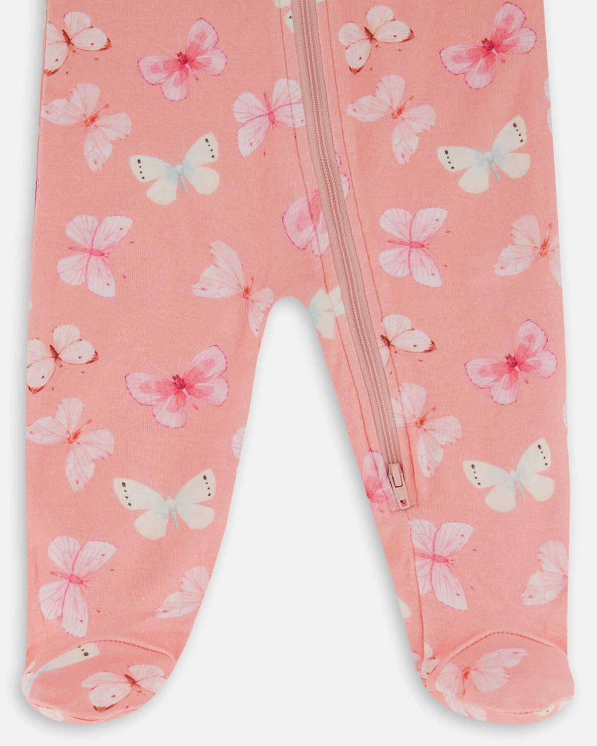 Printed Organic Cotton One-Piece Pajama Pink And Blue Butterflies On Old Pink