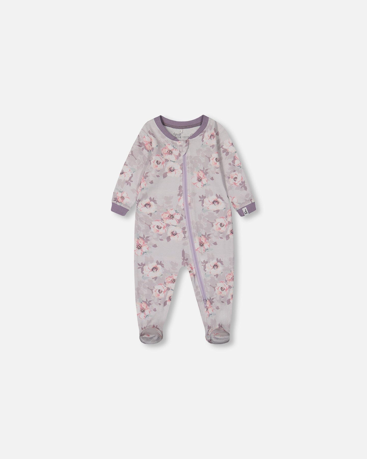 Printed Organic Cotton One-Piece Pajama Pale Pink Flowers On Neutral Lilac - G30PA40_032