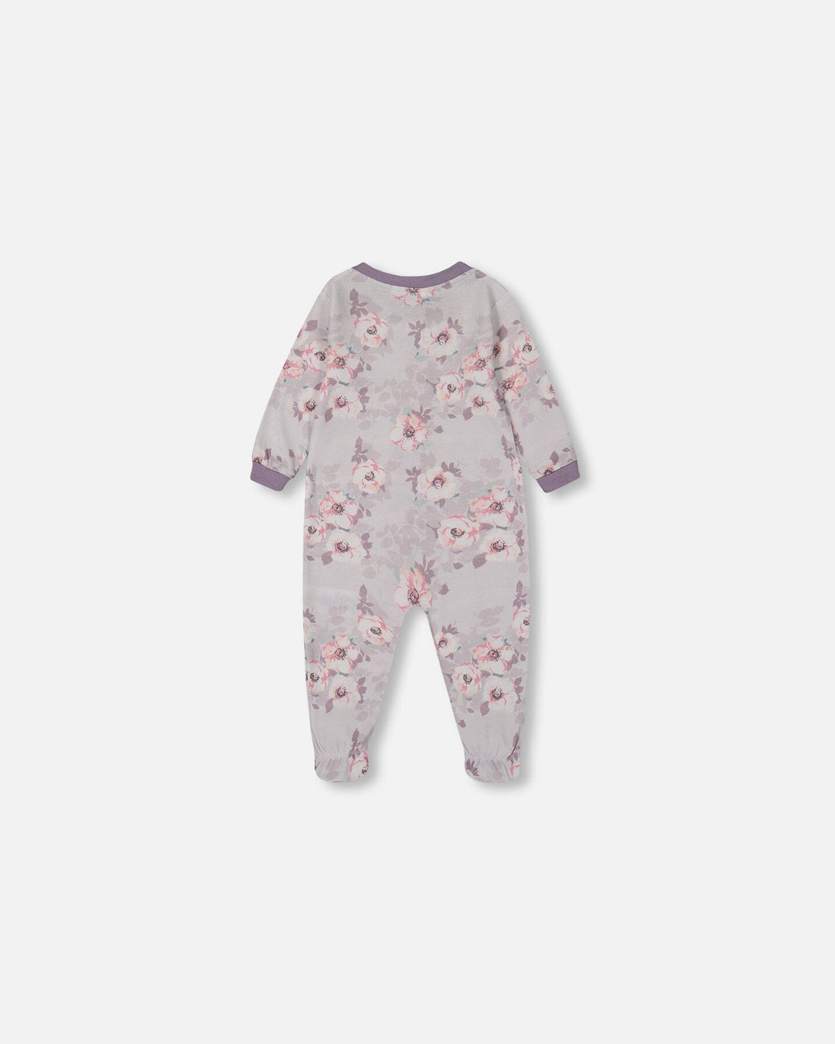 Printed Organic Cotton One-Piece Pajama Pale Pink Flowers On Neutral Lilac