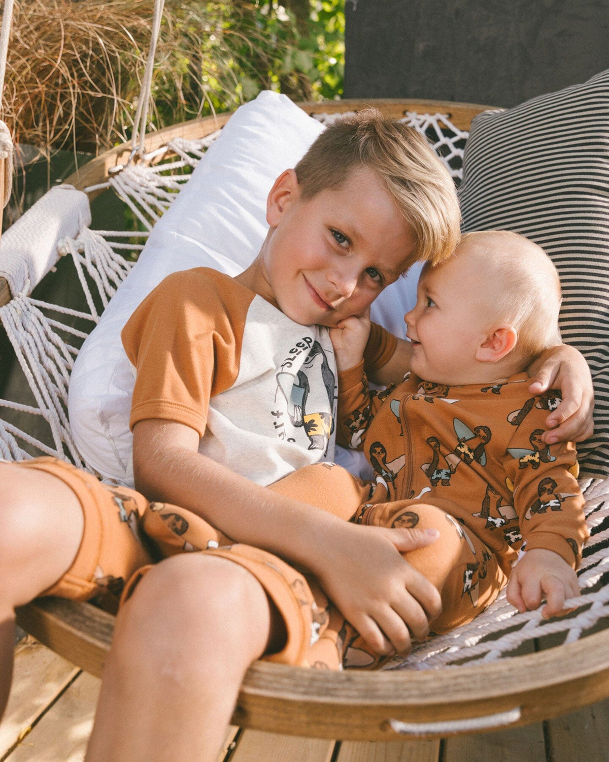 Printed Organic Cotton One-Piece Pajama Sloths On Tan Background