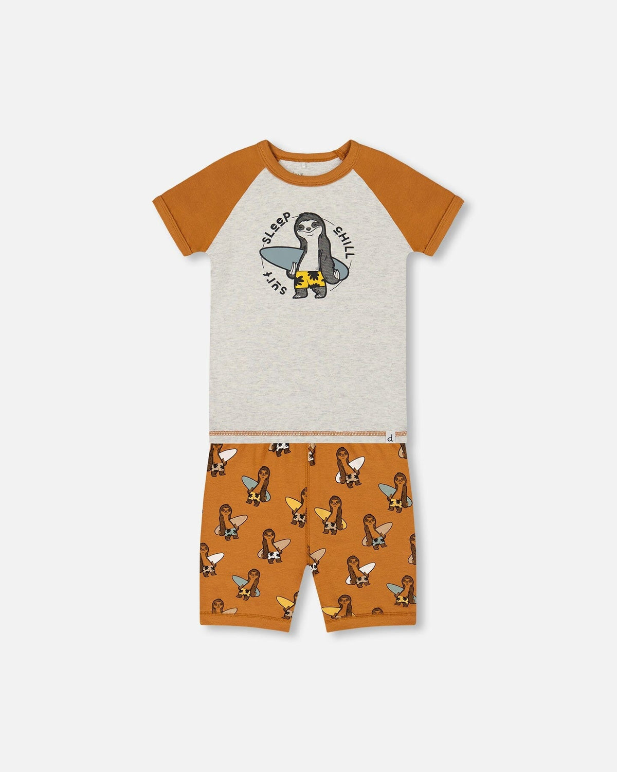 Organic Cotton Two-Piece Short Pajama Set Sloths On Tan And Mottled Background - G30PB10_044