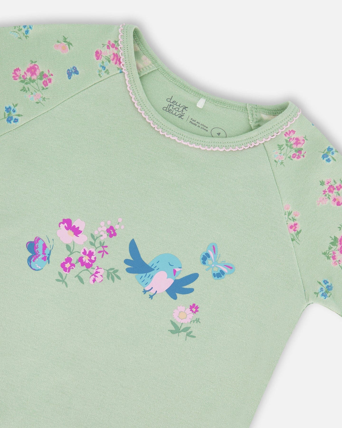 Organic Cotton Two-Piece Short Pajama Set Small Pink And Blue Flowers On Light Sage
