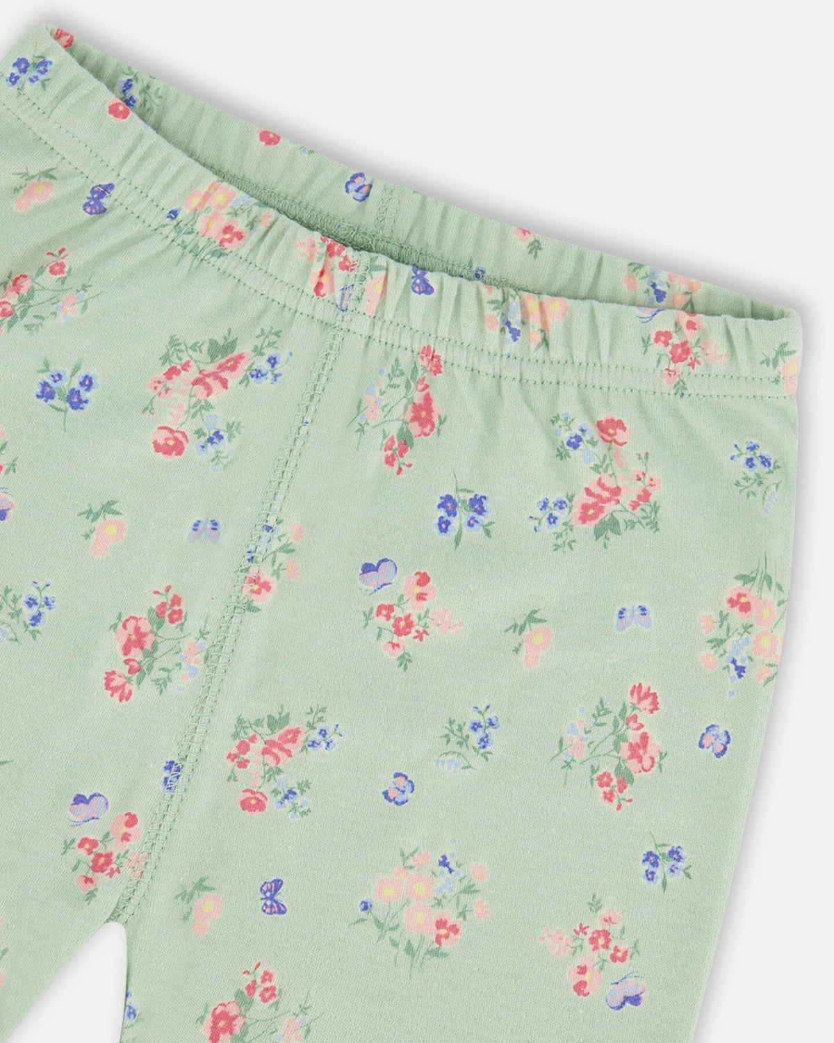 Organic Cotton Two-Piece Short Pajama Set Small Pink And Blue Flowers On Light Sage