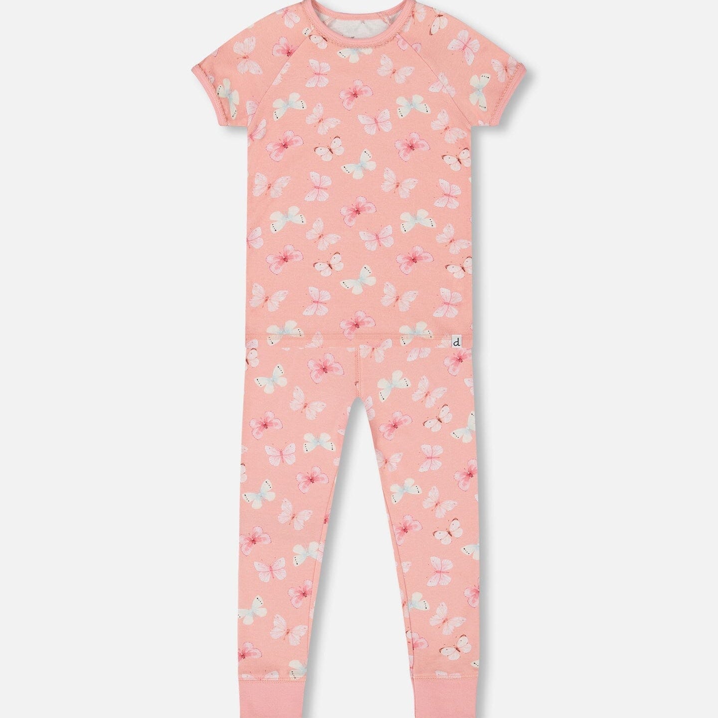 Organic Cotton Short Sleeve Top And Pant Pajama Set Pink And Blue Butterflies On Old Pink - G30PG13_030