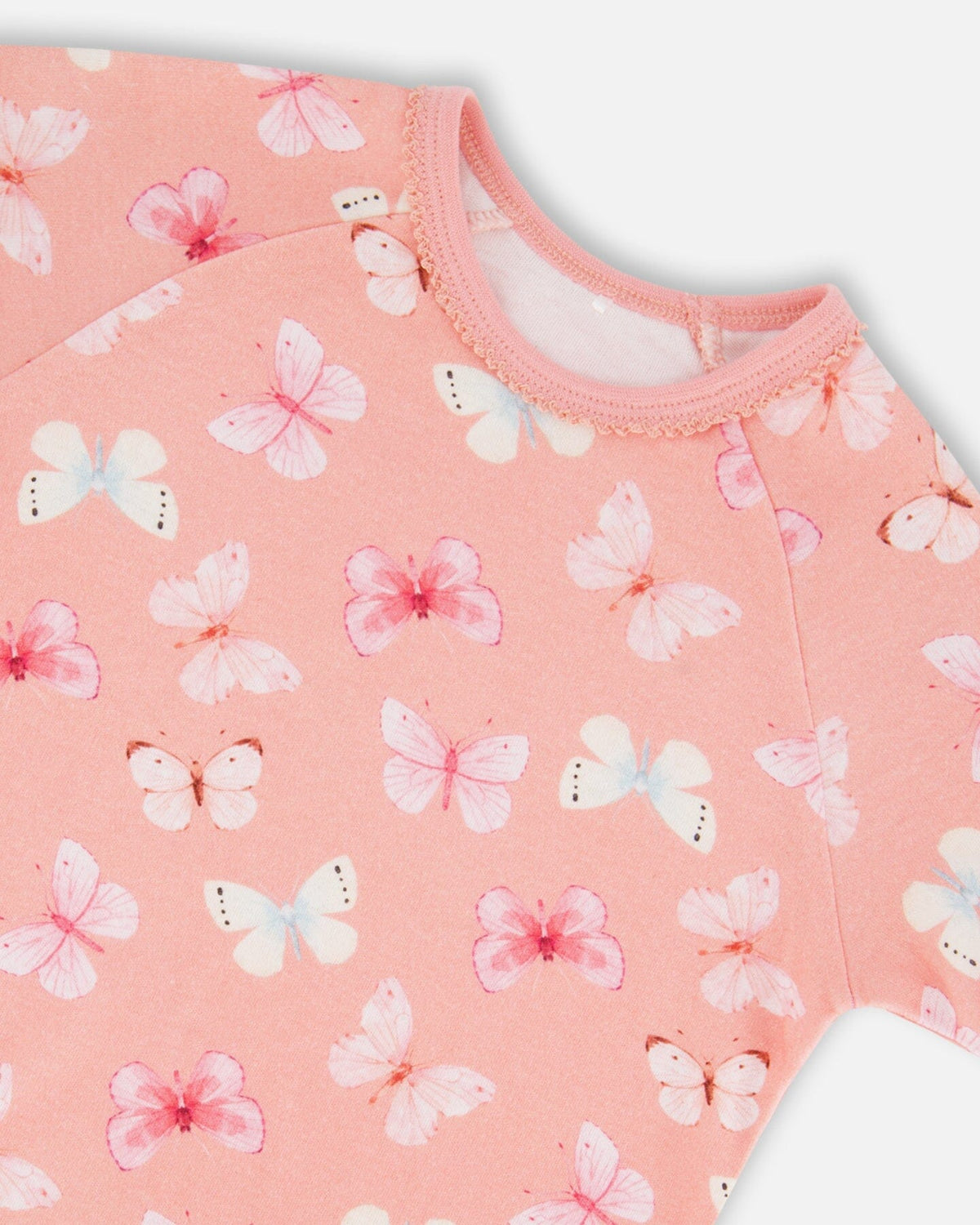 Organic Cotton Short Sleeve Top And Pant Pajama Set Pink And Blue Butterflies On Old Pink