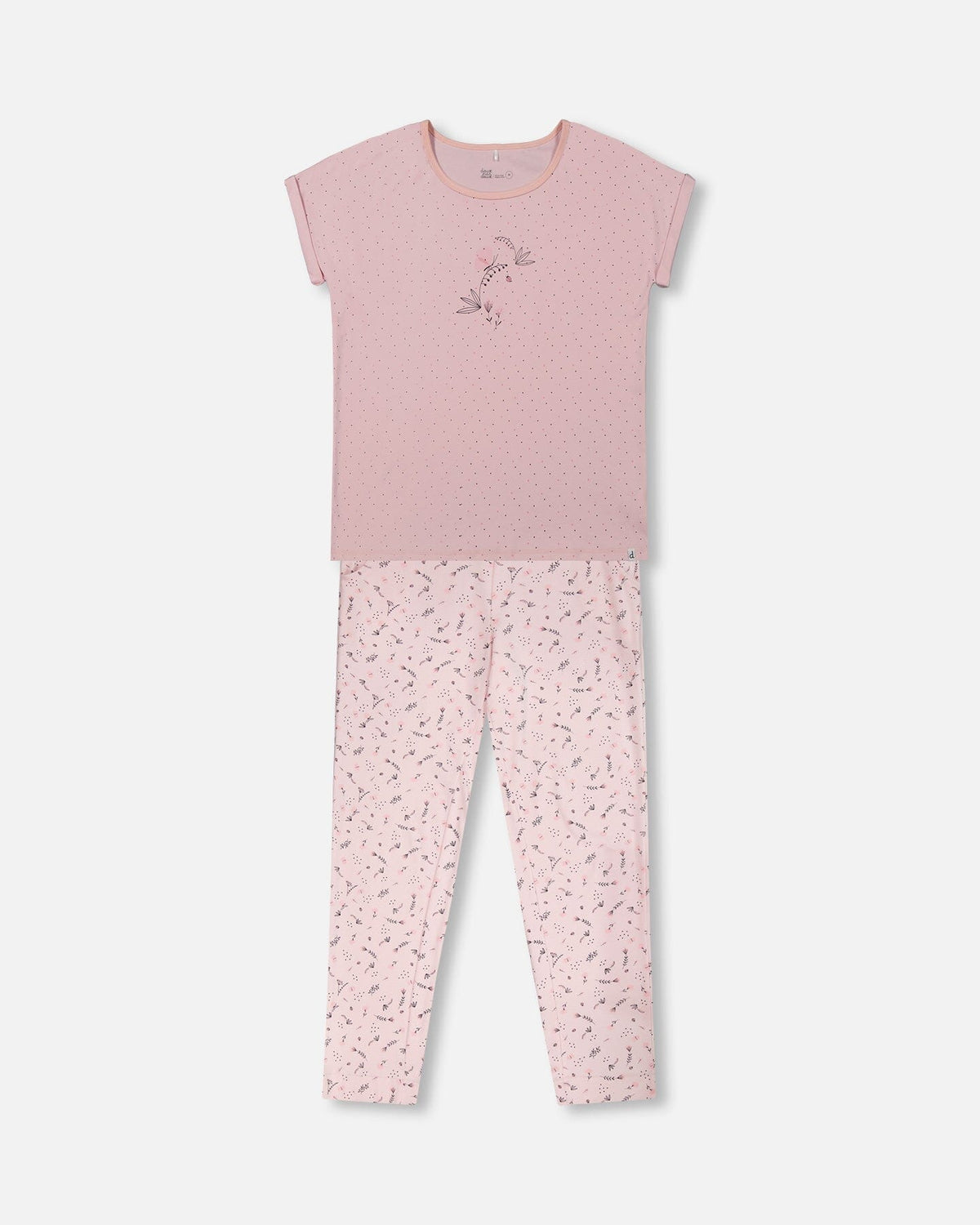 Women'S Printed Organic Cotton Two-Piece Pajama Set Small Pink Flowers On Pale Pink Background - G30PG16_028