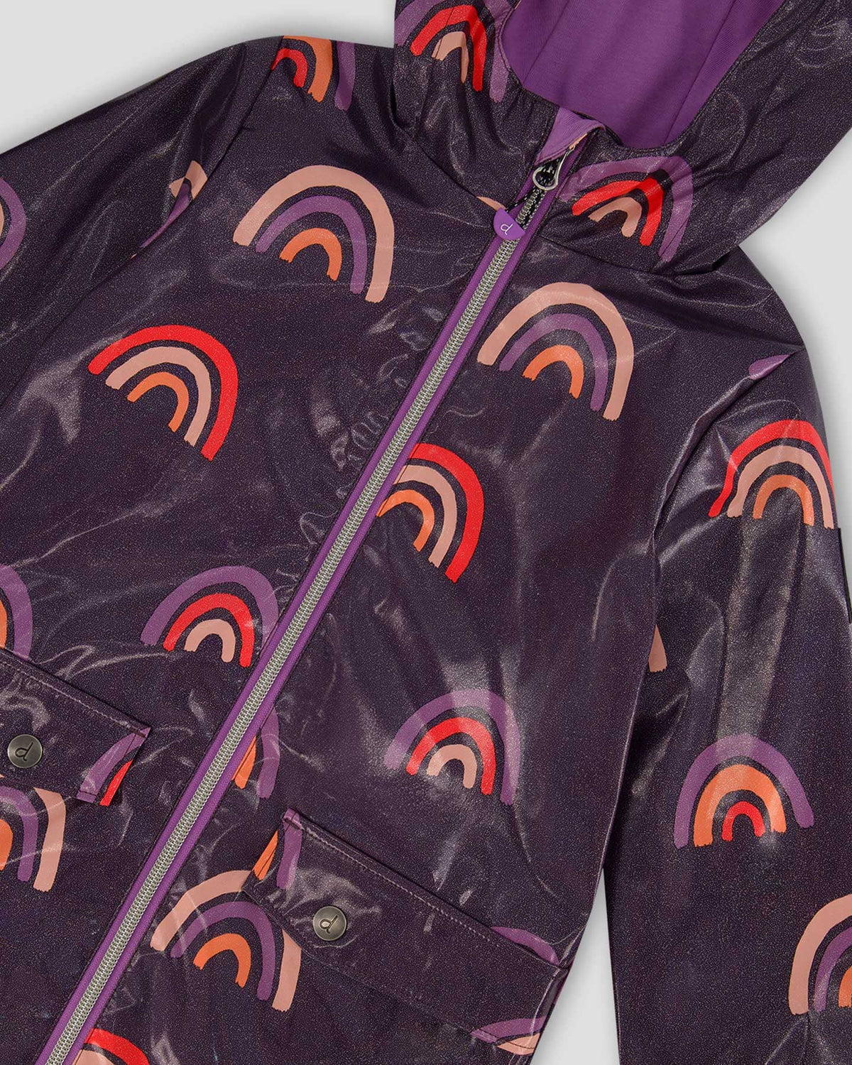 Printed Rain Coat With Hat Rainbow On Shiny Background